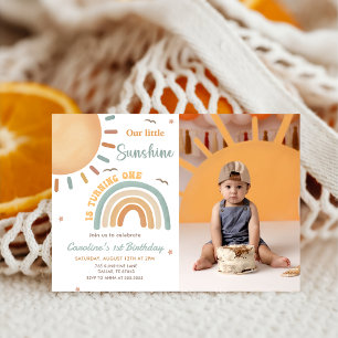 Boho Rainbow Little Sunshine 1st Birthday Photo Invitation
