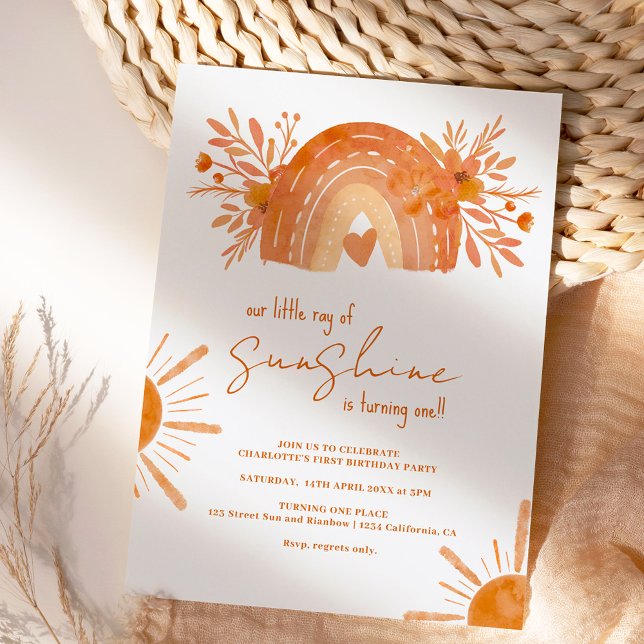 Boho rainbow little sunshine orange 1st birthday invitation (Creator Uploaded)