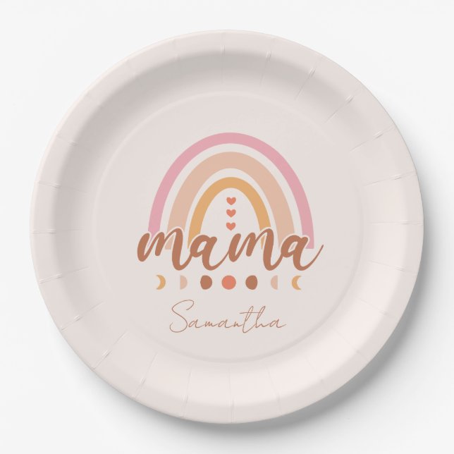 Boho Rainbow Mama with Moon Phases Paper Plate (Front)