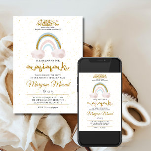 Boho Rainbow Newborn Baby Girl Aqiqah Muslim Invitation