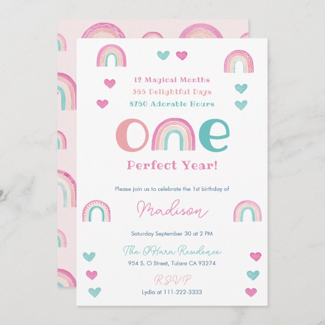 Boho Rainbow One Perfect Year 1st Birthday Party Invitation (Front/Back)