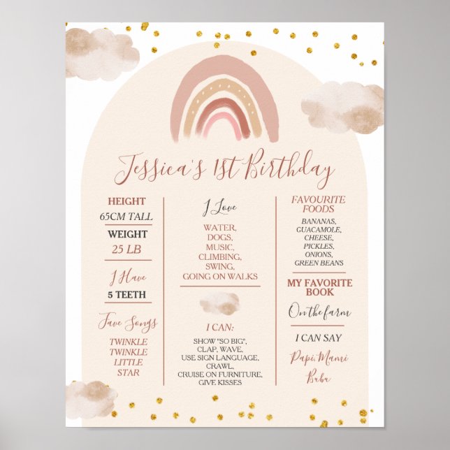 Boho Rainbow Onederful 1st Year Birthday Milestone Poster (Front)