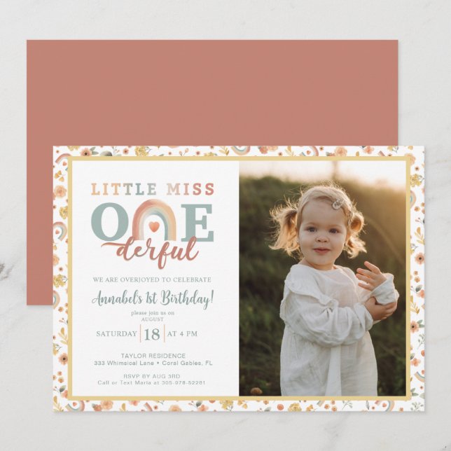 Boho Rainbow Onederful Photo Invitation – Earthy 1 (Front/Back)