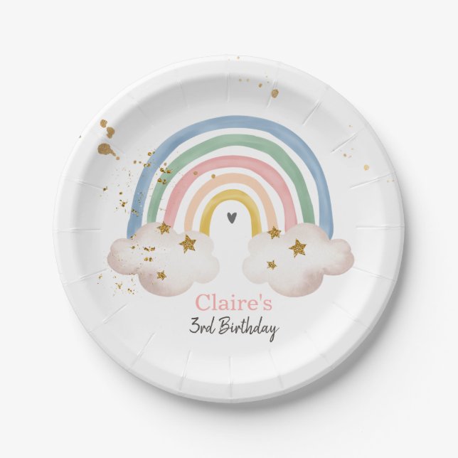 Boho Rainbow Party Rainbow Birthday Pastel Modern Paper Plate (Front)