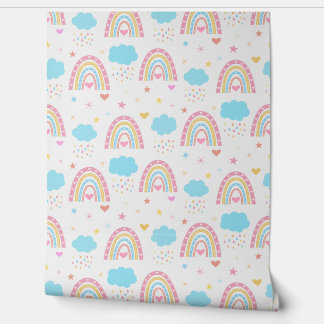 Boho rainbow pattern with clouds pastel Nursery Wallpaper