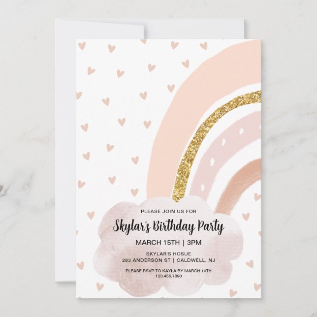 Boho Rainbow Pink and Gold Birthday Invitation (Front)