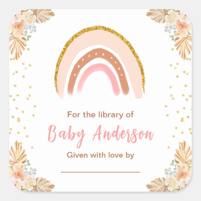 Boho Rainbow Pink Baby Shower Bookplate Square Sticker (Front)