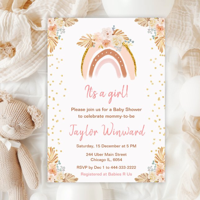 Boho Rainbow Pink Baby Shower Invitation (Creator Uploaded)