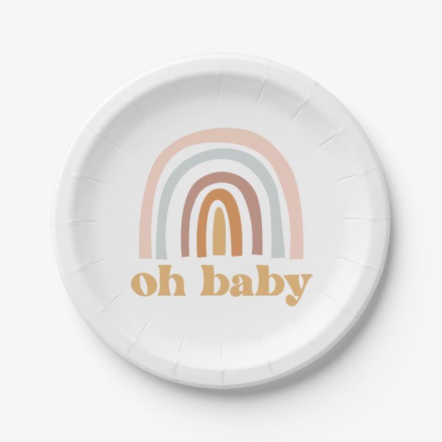 Boho Rainbow pink Baby Shower Paper Plate (Front)
