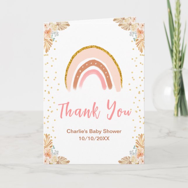 Boho Rainbow Pink Baby Shower Thank You Card (Front)