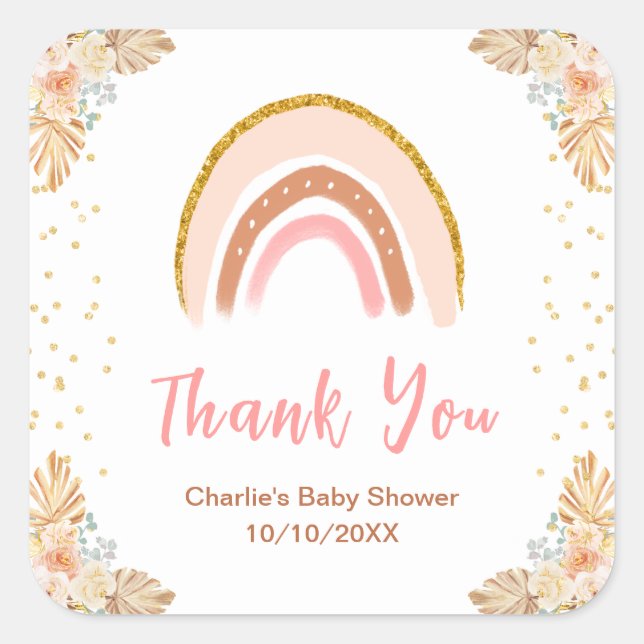 Boho Rainbow Pink Baby Shower Thank You Square Sticker (Front)