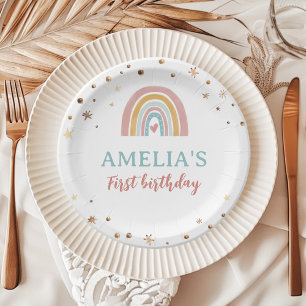 Boho Rainbow Pink Birthday Paper Plates