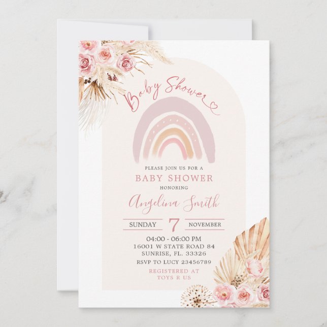 Boho Rainbow Pink Floral Baby Shower Invitation (Front)