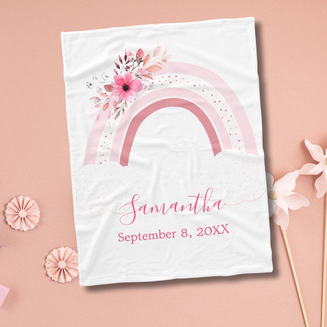 Boho Rainbow Pink Floral Flowers Baby Blanket Gift (Pink Boho Rainbow with Flowers Baby Shower Gift for New born baby girl Baby Blanket)