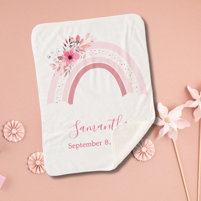 Boho Rainbow Pink Floral Sherpa Baby Blanket (Personalized Pink Rainbow Boho Floral Sherpa Baby Blanket. Great gift for the new baby girl.)