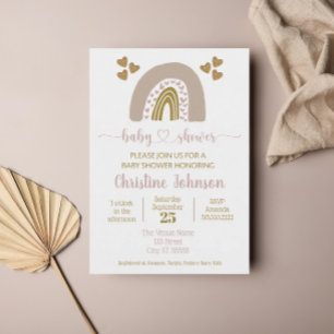Boho Rainbow Pink Gold Heart Baby Girl Shower Invitation