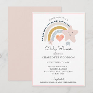 Boho Rainbow Pink Heart Girl Baby Shower  Invitation