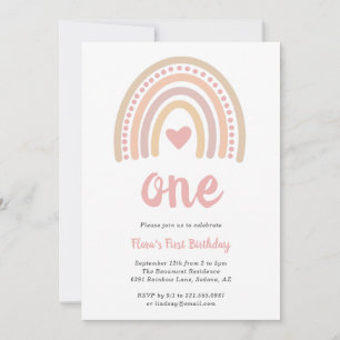 Boho Rainbow Pink Heart Girl Cute First Birthday Invitation