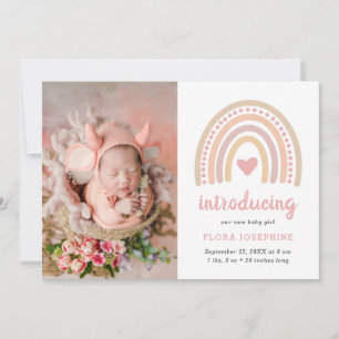 Boho Rainbow Pink Heart Photo Baby Girl Cute Birth Announcement