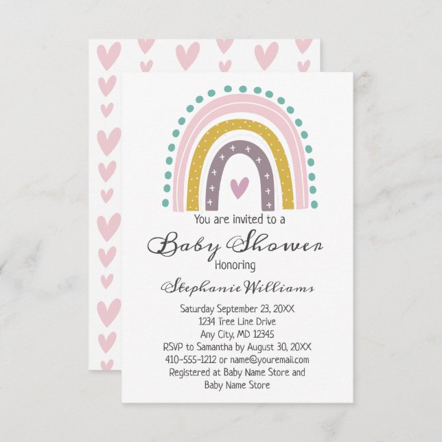 Boho Rainbow Pink Hearts Purple Teal Baby Girl Invitation (Front/Back)