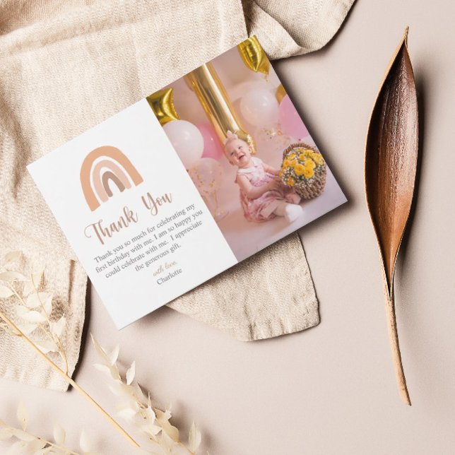 Boho Rainbow Pink Pastel First Birthday Thank You Card (Creator Uploaded)