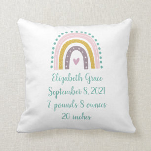 Boho Rainbow Pink Teal Gold Hearts Birth Stats  Cushion