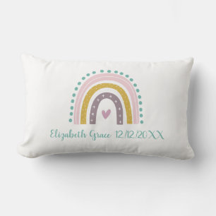 Boho Rainbow Pink Teal Gold Hearts Birth Stats Lumbar Cushion