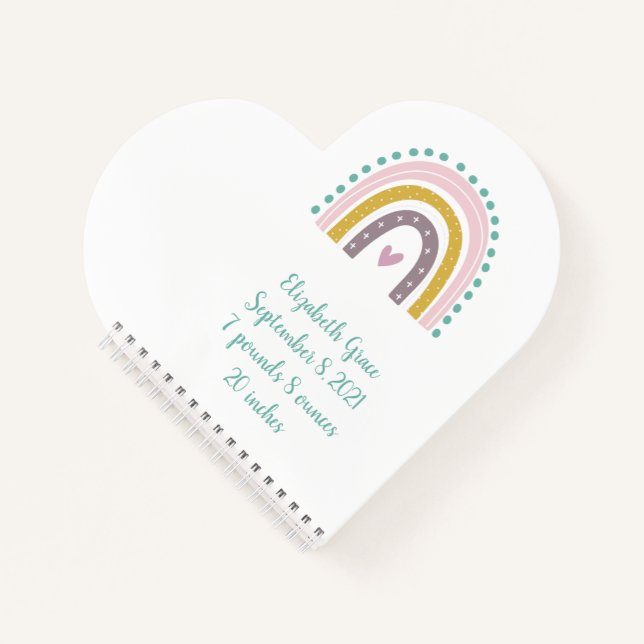 Boho Rainbow Pink Teal Gold Hearts Birth Stats Notebook (Front)