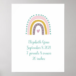 Boho Rainbow Pink Teal Gold Hearts Birth Stats  Poster