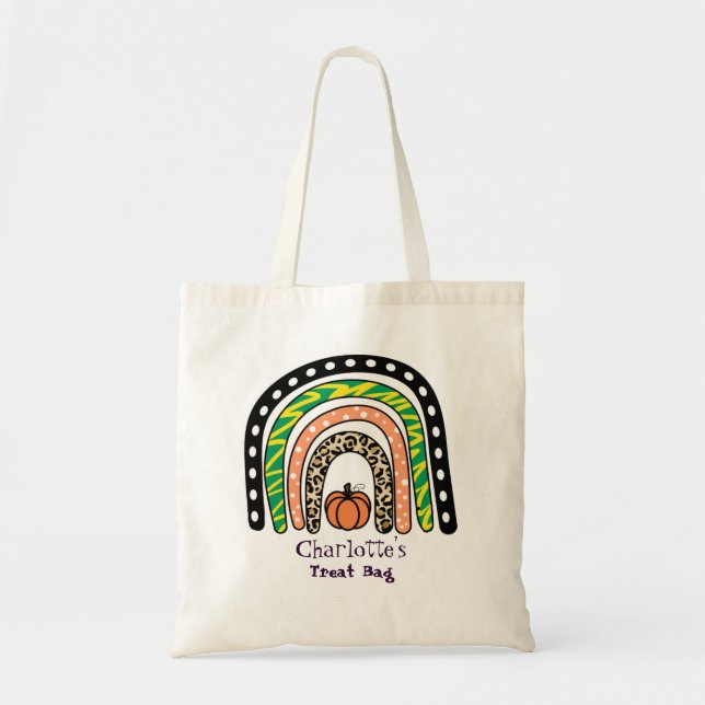 Boho Rainbow Pumpkin Halloween Trick or Treat Tote Bag (Front)