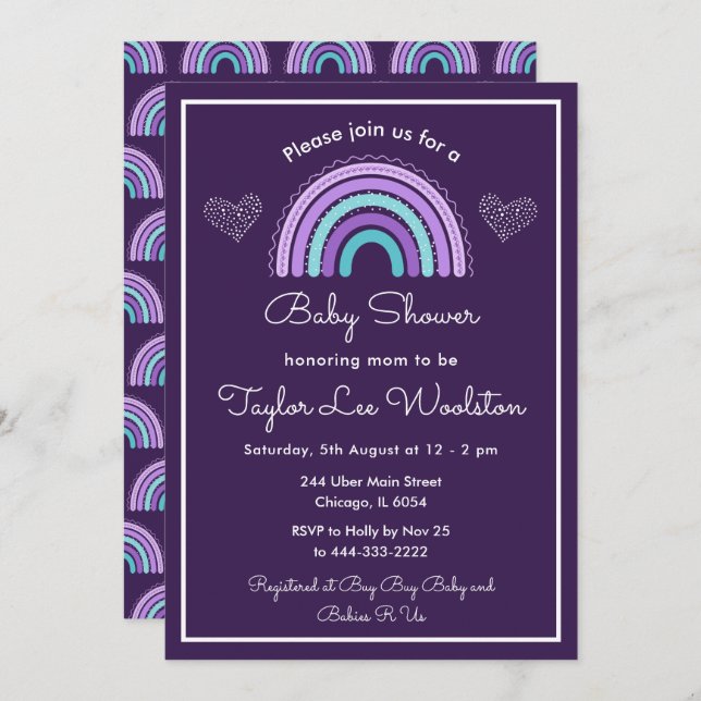 Boho Rainbow Purple and Turquoise Blue Baby Shower Invitation (Front/Back)
