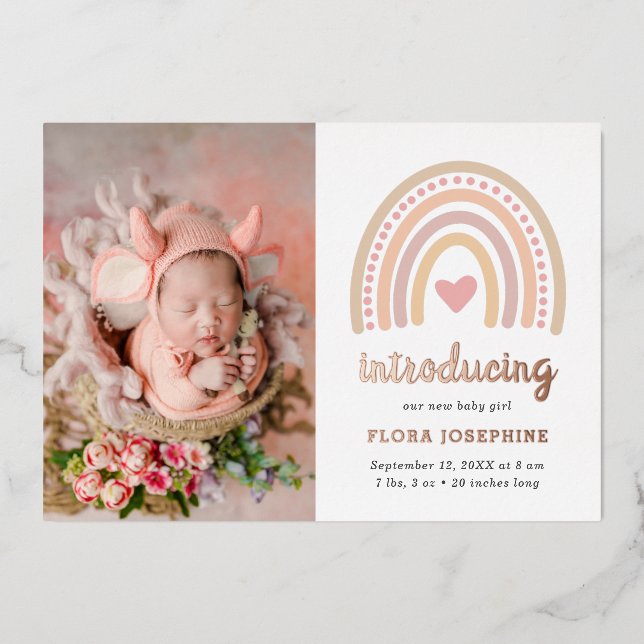 Boho Rainbow Rose Gold Photo Birth Announcement (Front)
