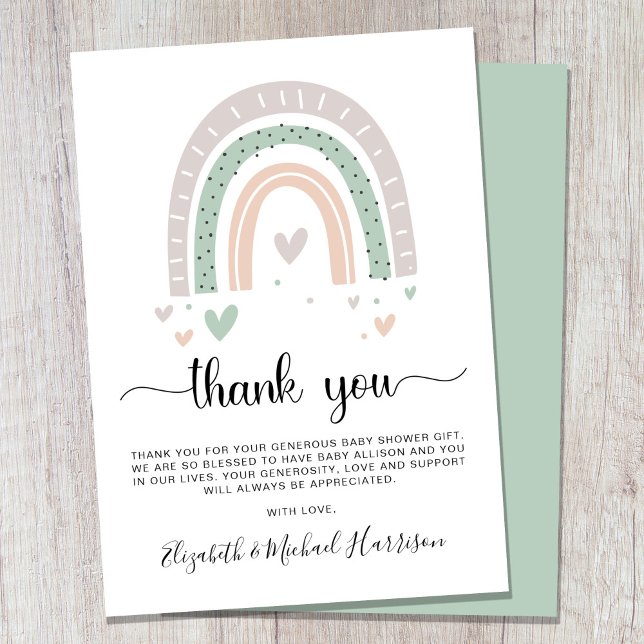 Boho Rainbow Sage Green Baby Shower Thank You Card (Creator Uploaded)