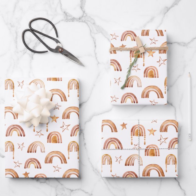 Boho Rainbow Stars Terracotta Brown Baby Shower  Wrapping Paper Sheet (Front)