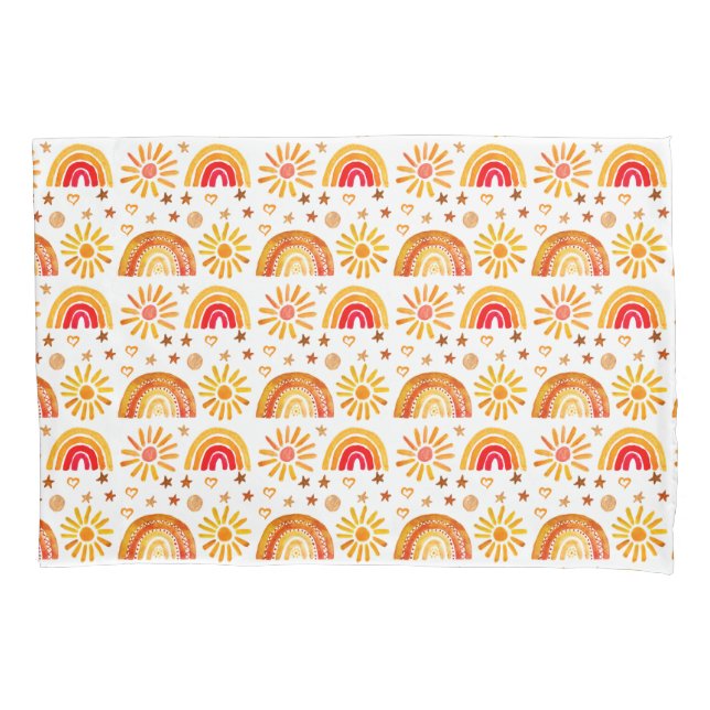 Boho Rainbow Sun Stars Watercolor Orange Pattern Pillowcase (Front)