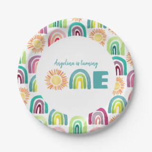 Boho Rainbow & Suns 1st Birthday Blue Watercolor Paper Plate