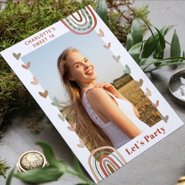 Boho Rainbow Sweet 16 Modern Birthday Party Invitation (Creator Uploaded)