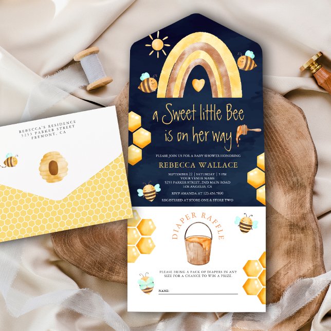 Boho Rainbow Sweet Little Bee Navy Baby Shower All In One Invitation (Creator Uploaded)