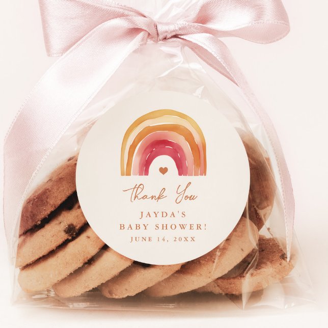 Boho Rainbow Terracotta Baby Shower Thank You Classic Round Sticker (Orange Terracotta Boho | Rainbow Baby Shower Thank You Favor Tag Sticker.)