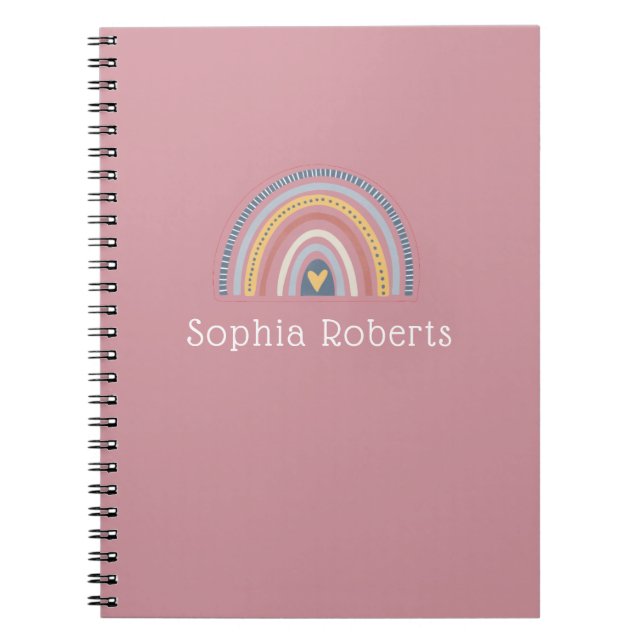 Boho Rainbow Theme Dusty pink Kids Name Notebook (Front)