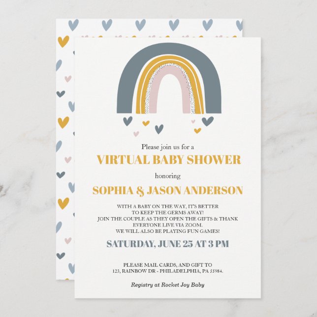 Boho Rainbow Virtual Baby shower invitation card (Front/Back)