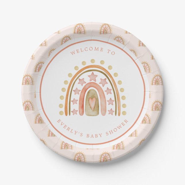 Boho Rainbow Watercolor Baby Shower Paper Plate (Front)