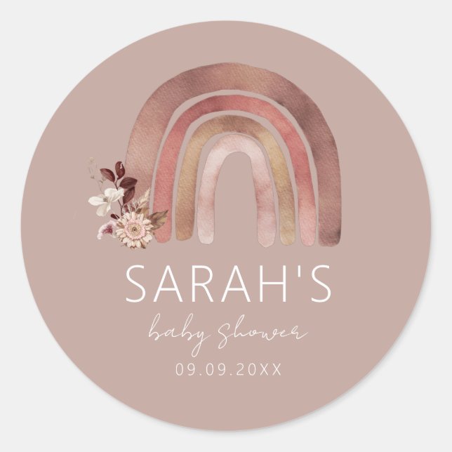 Boho Rainbow Watercolor Baby Shower Round Stickers (Front)