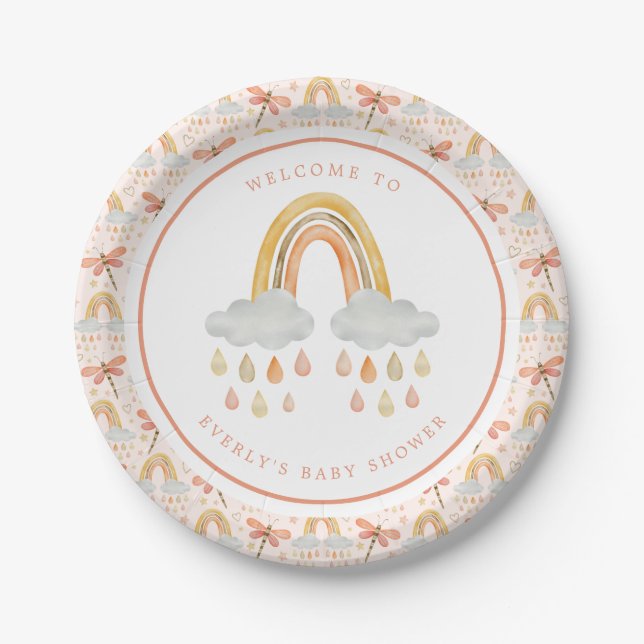 Boho Rainbow Watercolor Dragonfly Baby Shower Paper Plate (Front)