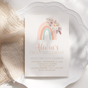 Boho Rainbow Watercolor First Birthday Invitation