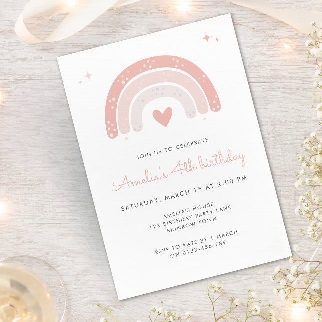 Boho Rainbow Watercolor Girl Pink Birthday  Invitation (Creator Uploaded)