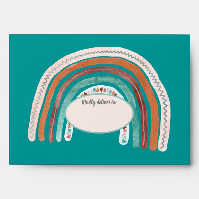 BOHO Rainbow Watercolor Teal Blue Baby Shower Envelope (Front)