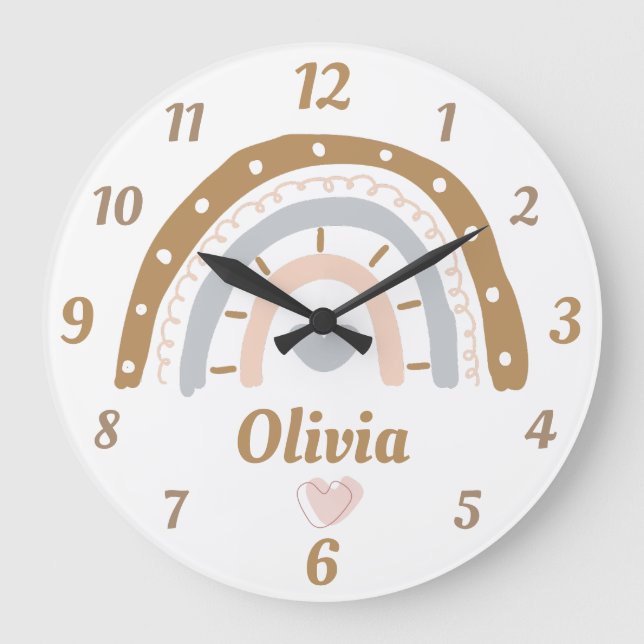 Boho rainbow whimsical personalised name large clock (Front)