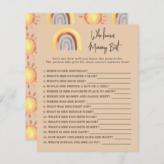 Boho Rainbow Who knows mummy best game (Front/Back)