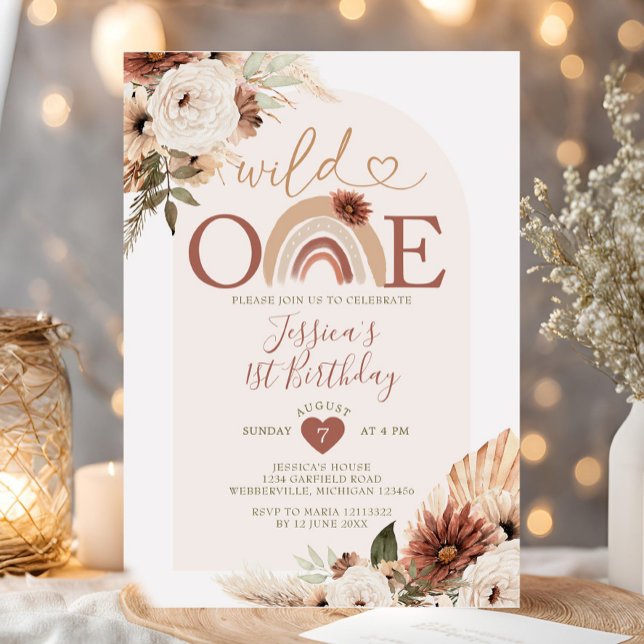 Boho Rainbow Wild ONE Birthday Pampas Grass Invitation (Creator Uploaded)
